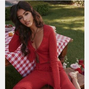 House Of CB Perla Cherry Red Ribbed Knit Pointelle Top Cardigan Tie XL